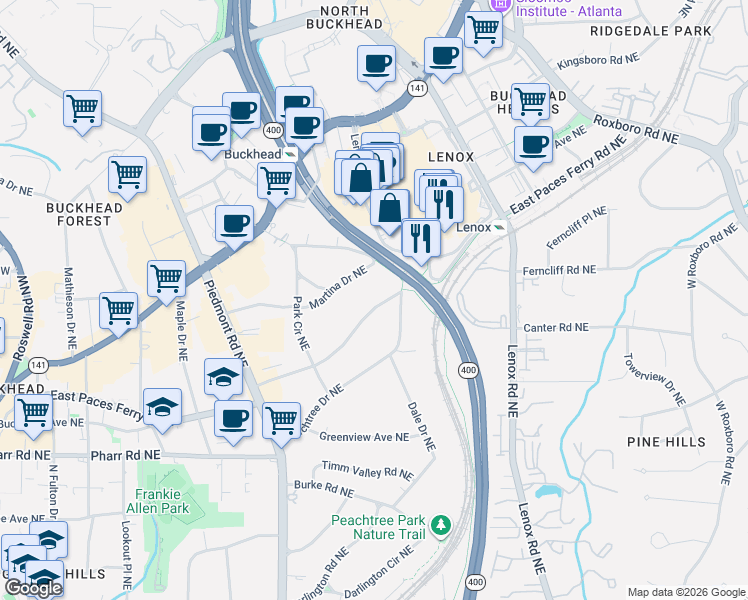 map of restaurants, bars, coffee shops, grocery stores, and more near 789 Martina Drive Northeast in Atlanta