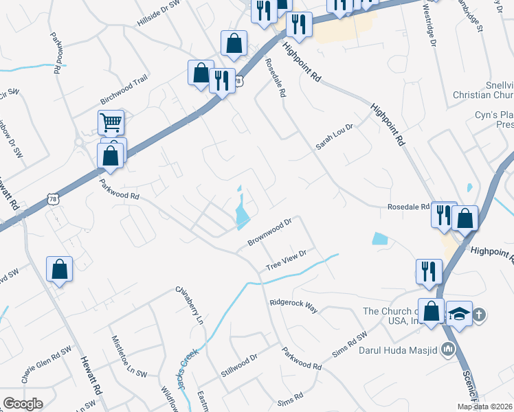 map of restaurants, bars, coffee shops, grocery stores, and more near 2500 Park Estates Drive in Snellville