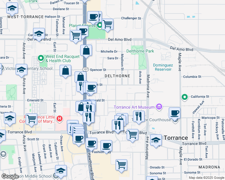 map of restaurants, bars, coffee shops, grocery stores, and more near 20617 Amie Avenue in Torrance