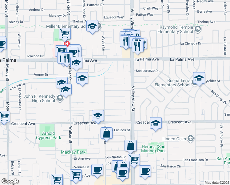 map of restaurants, bars, coffee shops, grocery stores, and more near 5856 Los Molinos Drive in Buena Park