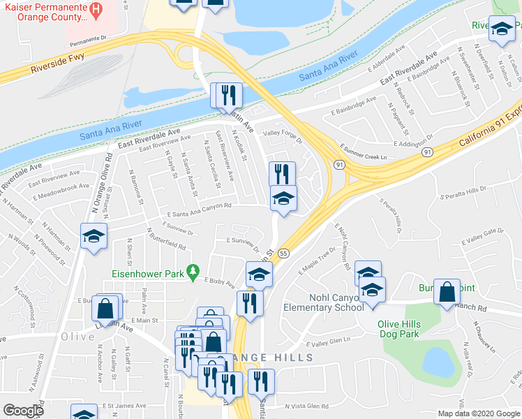 map of restaurants, bars, coffee shops, grocery stores, and more near 1836 East Santa Ana Canyon Road in Orange