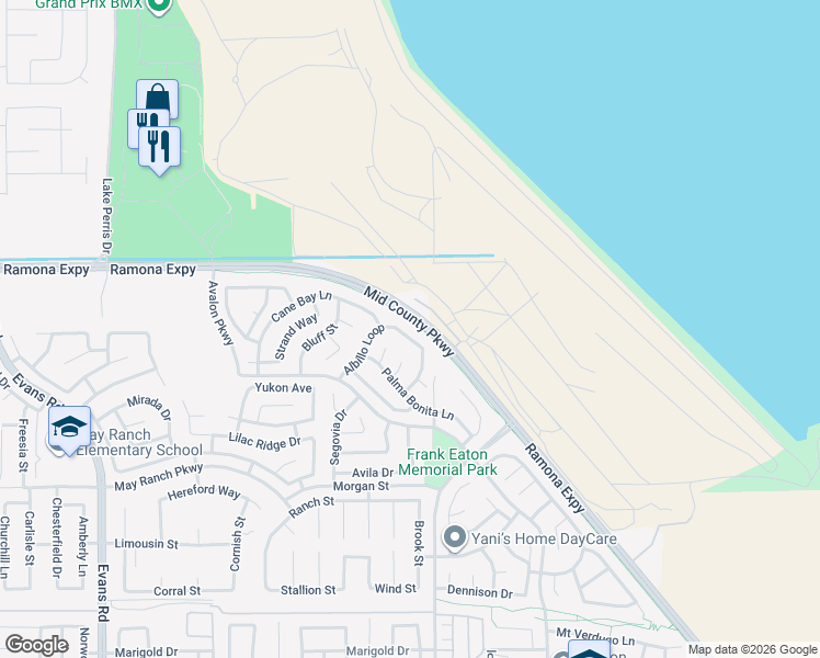 map of restaurants, bars, coffee shops, grocery stores, and more near 1456 Albillo Loop in Perris