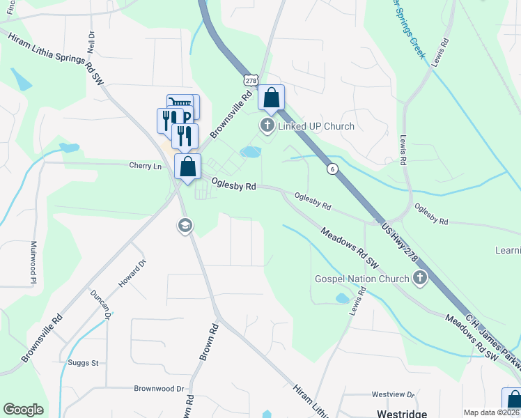 map of restaurants, bars, coffee shops, grocery stores, and more near 4593 Seward Road in Powder Springs