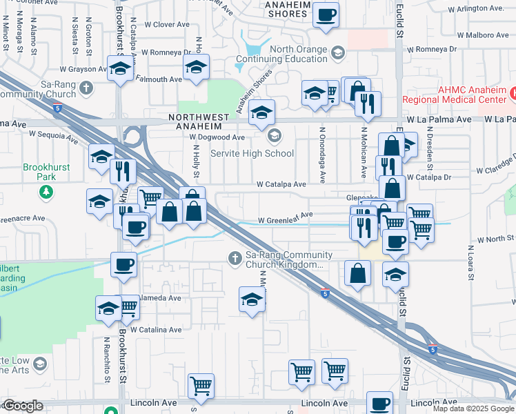 map of restaurants, bars, coffee shops, grocery stores, and more near 1964 Glenoaks Avenue in Anaheim