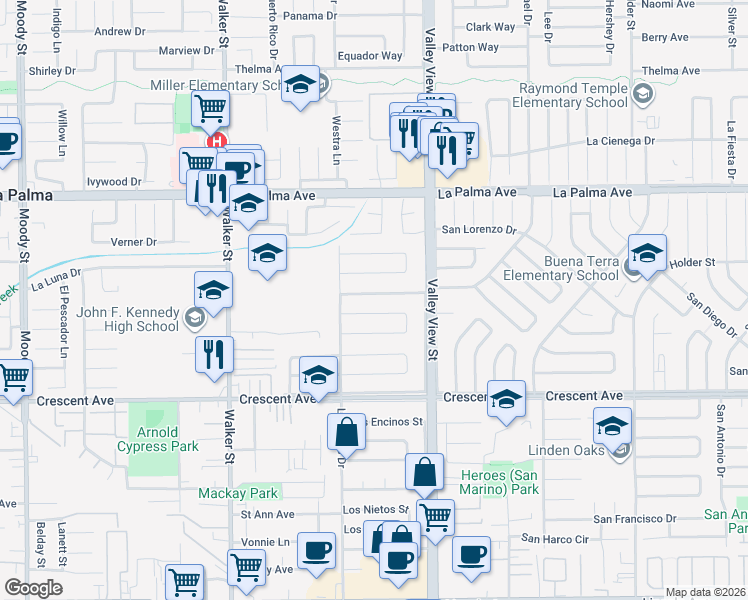 map of restaurants, bars, coffee shops, grocery stores, and more near 5856 Los Molinos Drive in Buena Park
