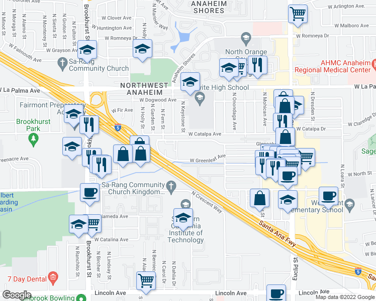 map of restaurants, bars, coffee shops, grocery stores, and more near 1974 Glenoaks Avenue in Anaheim
