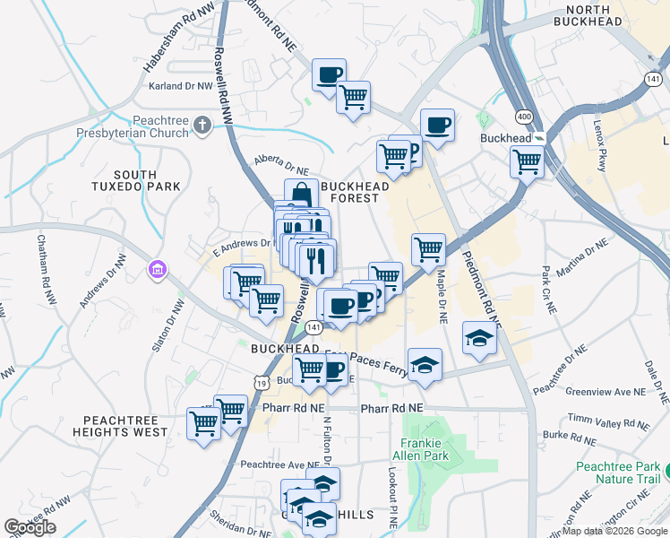map of restaurants, bars, coffee shops, grocery stores, and more near 3227 Roswell Road Northeast in Atlanta