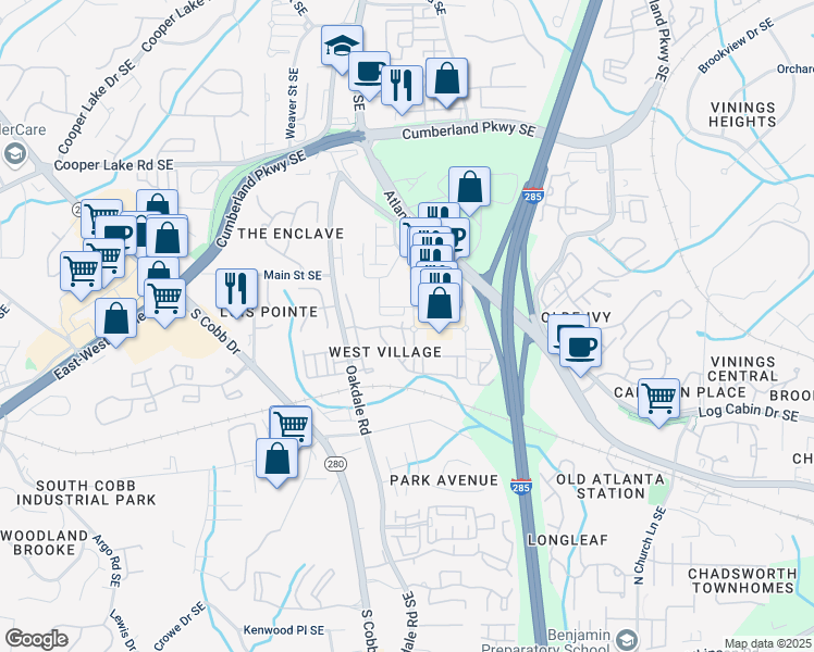 map of restaurants, bars, coffee shops, grocery stores, and more near 4588 Pine Street in Smyrna