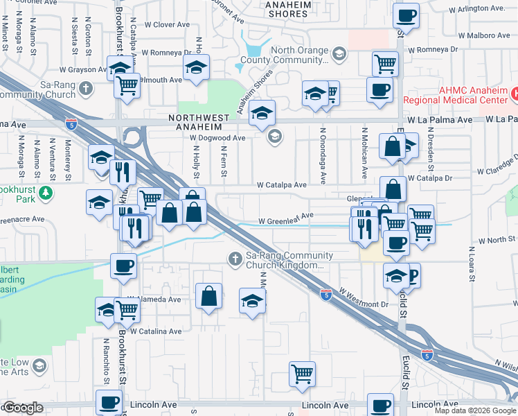 map of restaurants, bars, coffee shops, grocery stores, and more near 1974 Glenoaks Avenue in Anaheim
