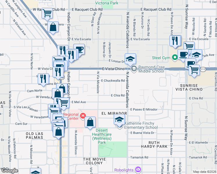 map of restaurants, bars, coffee shops, grocery stores, and more near 1492 North Rodeo Road in Palm Springs