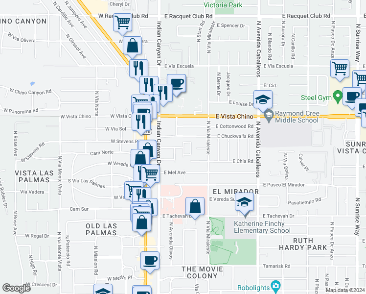 map of restaurants, bars, coffee shops, grocery stores, and more near 354 East Stevens Road in Palm Springs