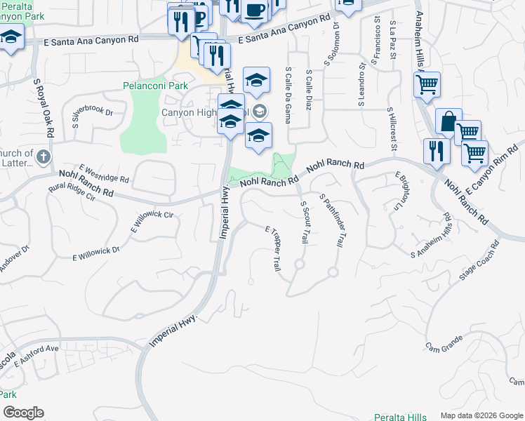 map of restaurants, bars, coffee shops, grocery stores, and more near 5801 East Prospector Circle in Anaheim
