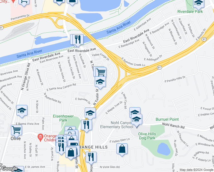 map of restaurants, bars, coffee shops, grocery stores, and more near 103 North Merrimac Drive in Anaheim