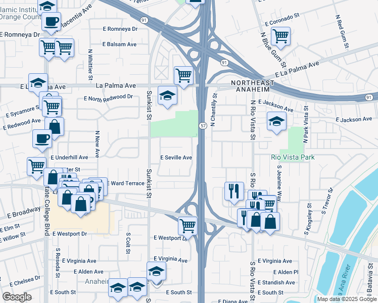 map of restaurants, bars, coffee shops, grocery stores, and more near 2571 East Tennyson Avenue in Anaheim
