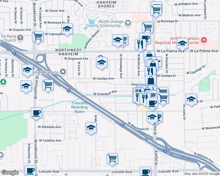 map of restaurants, bars, coffee shops, grocery stores, and more near 1860 Glenoaks Avenue in Anaheim