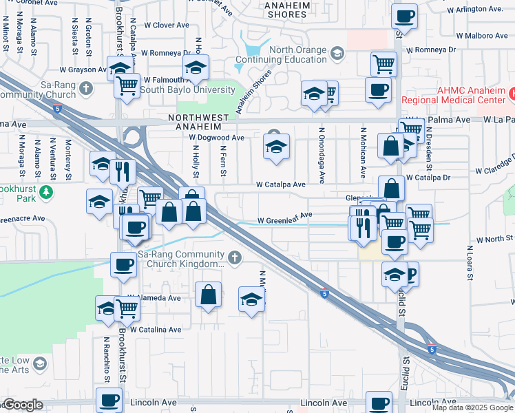 map of restaurants, bars, coffee shops, grocery stores, and more near 1974 Glenoaks Avenue in Anaheim