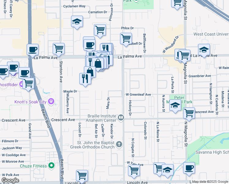 map of restaurants, bars, coffee shops, grocery stores, and more near 8485 Venus Drive in Buena Park