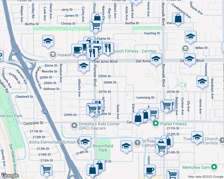 map of restaurants, bars, coffee shops, grocery stores, and more near 11863 1/2 207th Street in Lakewood