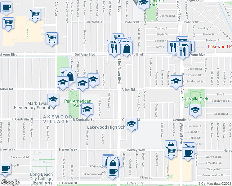 map of restaurants, bars, coffee shops, grocery stores, and more near 4654 Bellflower Boulevard in Lakewood