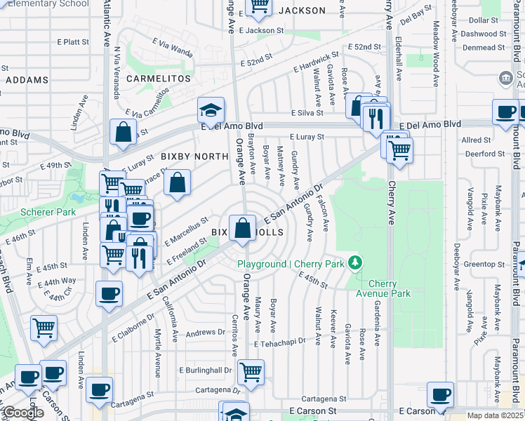 map of restaurants, bars, coffee shops, grocery stores, and more near 4681 North Banner Drive in Long Beach