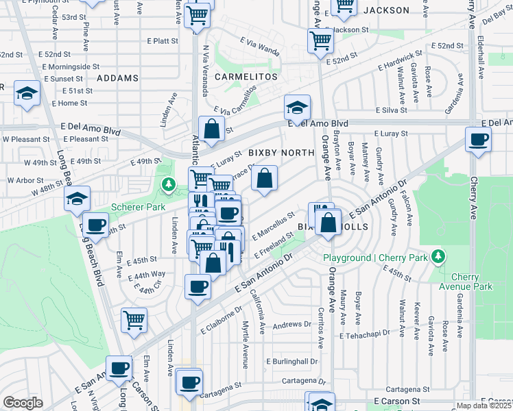 map of restaurants, bars, coffee shops, grocery stores, and more near 1036 East 46th Street in Long Beach