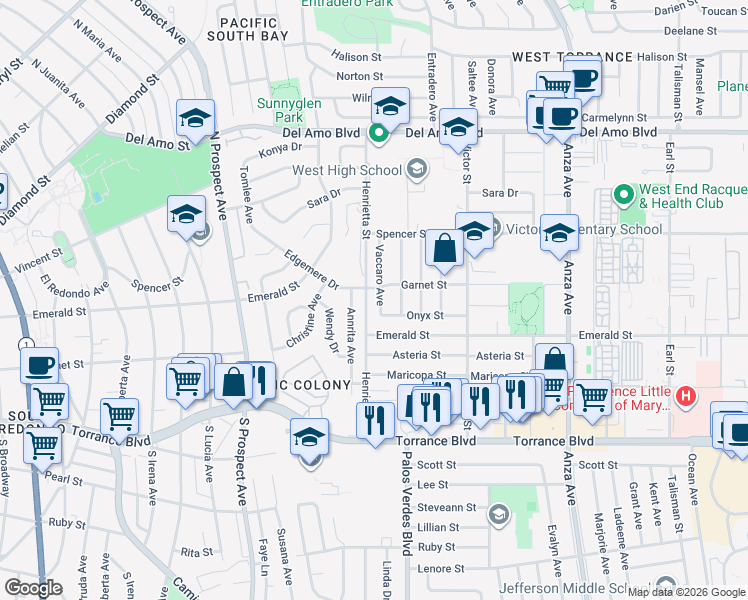 map of restaurants, bars, coffee shops, grocery stores, and more near 20611 Vaccaro Avenue in Torrance
