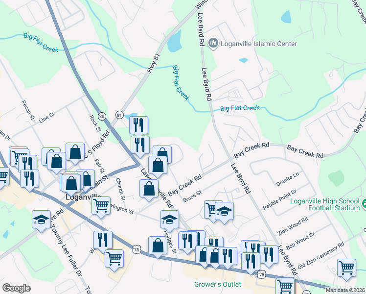 map of restaurants, bars, coffee shops, grocery stores, and more near 737 Jacoby Drive in Loganville
