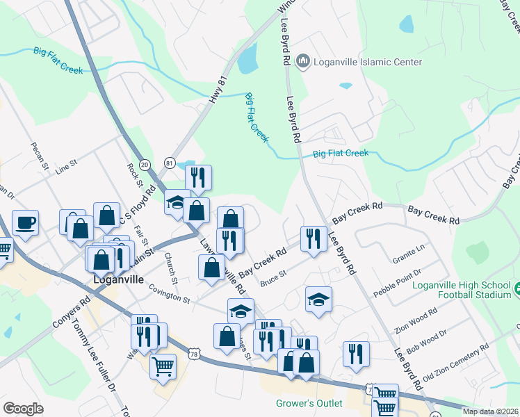 map of restaurants, bars, coffee shops, grocery stores, and more near 741 Jacoby Drive in Loganville