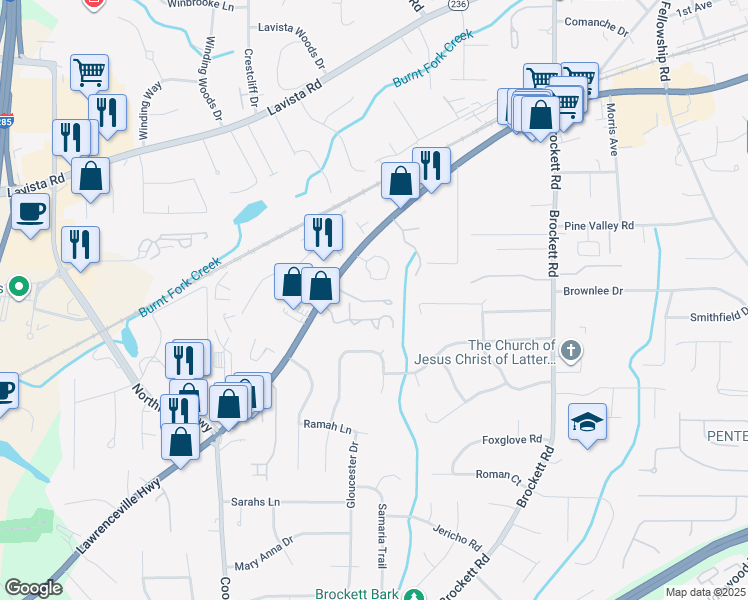 map of restaurants, bars, coffee shops, grocery stores, and more near 3555 Lawrenceville Highway in Tucker