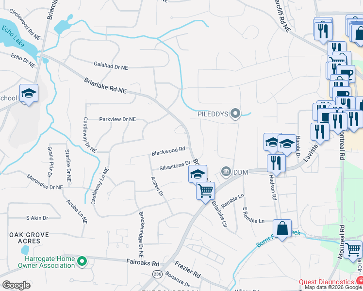 map of restaurants, bars, coffee shops, grocery stores, and more near 2968 Blackwood Road in Decatur