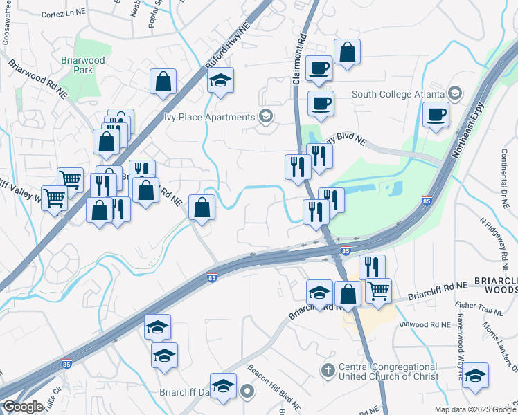 map of restaurants, bars, coffee shops, grocery stores, and more near 2924 Clairmont Road in Atlanta