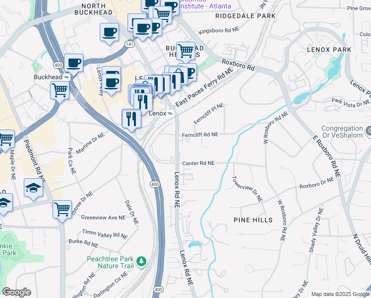 map of restaurants, bars, coffee shops, grocery stores, and more near 3301 Ferncliff Court in Atlanta