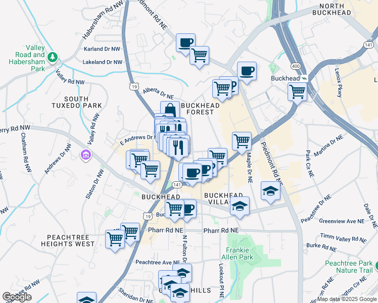 map of restaurants, bars, coffee shops, grocery stores, and more near 3227 Roswell Road Northeast in Atlanta