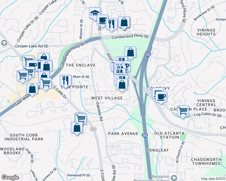 map of restaurants, bars, coffee shops, grocery stores, and more near 4588 Pine Street in Smyrna