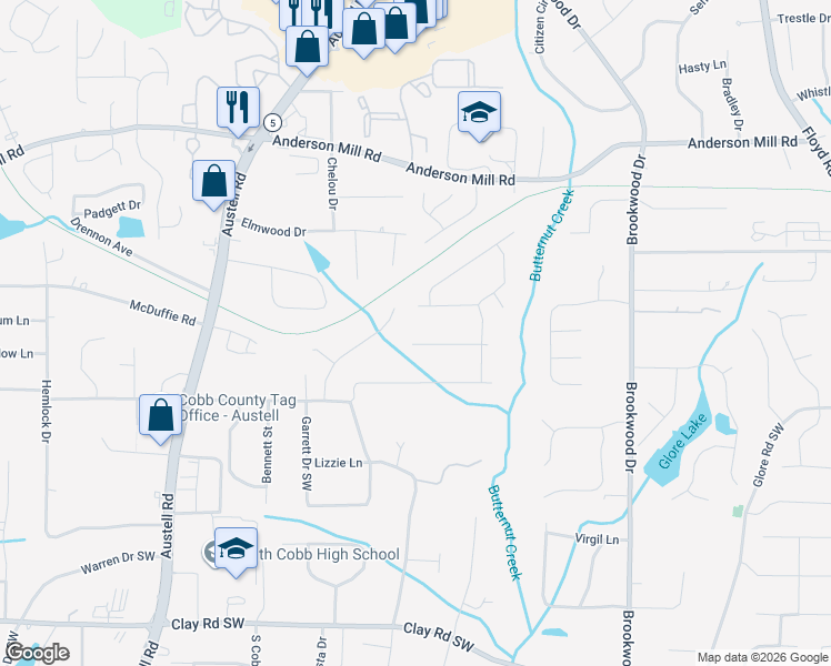 map of restaurants, bars, coffee shops, grocery stores, and more near 1631 Glenn Place in Mableton
