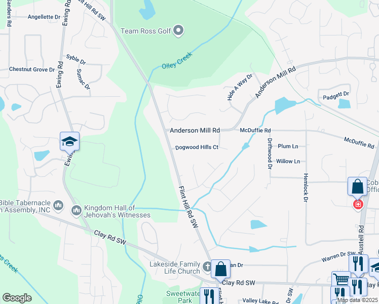 map of restaurants, bars, coffee shops, grocery stores, and more near 2539 Dogwood Hills Court in Austell