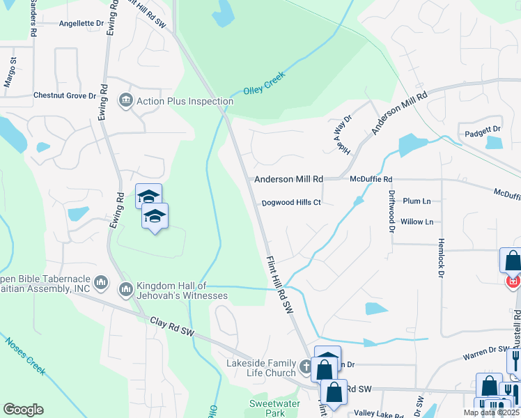 map of restaurants, bars, coffee shops, grocery stores, and more near 2546 Dogwood Hills Court in Austell