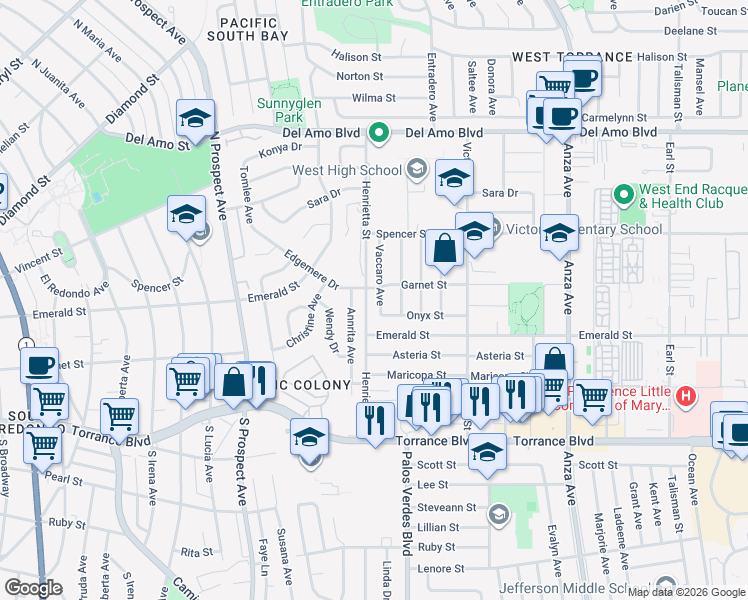 map of restaurants, bars, coffee shops, grocery stores, and more near 20611 Vaccaro Avenue in Torrance