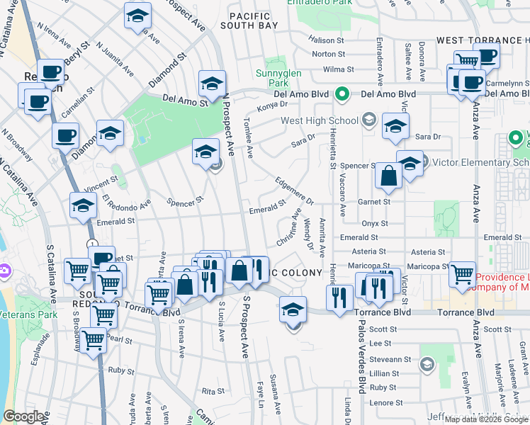 map of restaurants, bars, coffee shops, grocery stores, and more near 20704 Tomlee Avenue in Torrance