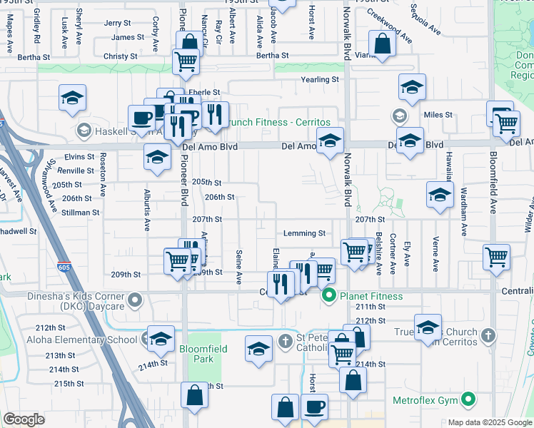 map of restaurants, bars, coffee shops, grocery stores, and more near 11943 207th Street in Lakewood