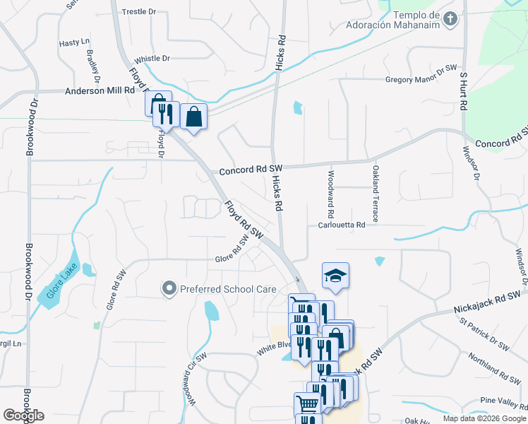 map of restaurants, bars, coffee shops, grocery stores, and more near 4602 Hicks Road in Mableton