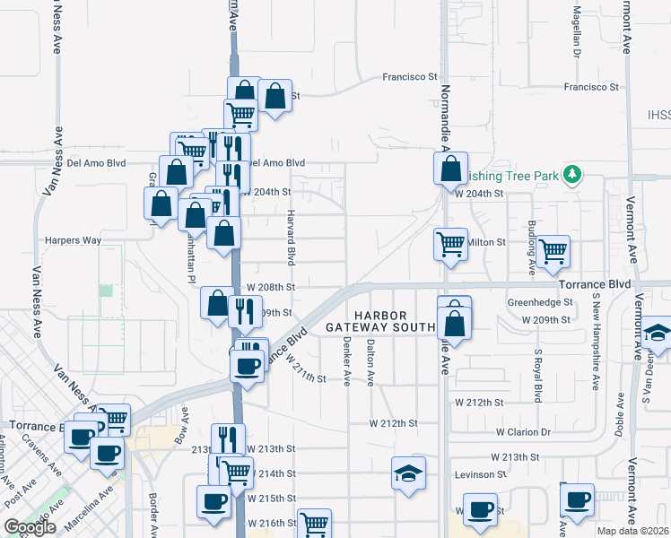 map of restaurants, bars, coffee shops, grocery stores, and more near 1514 West 207th Street in Torrance