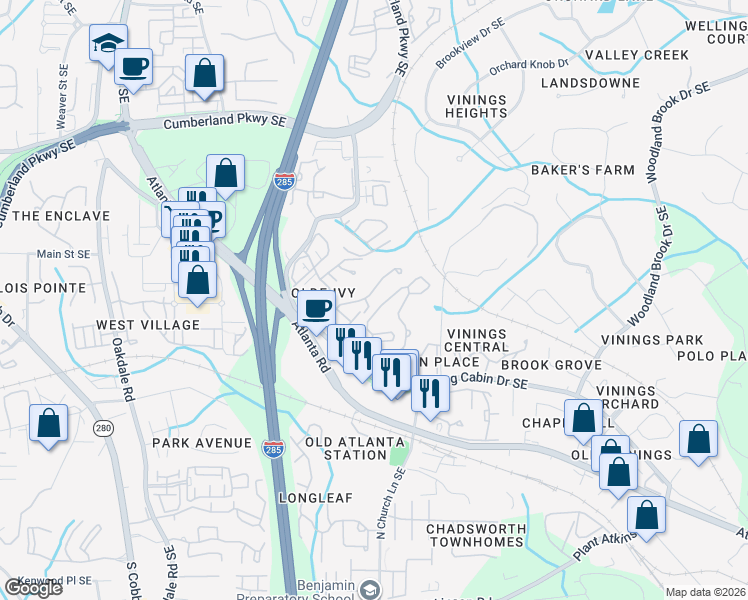 map of restaurants, bars, coffee shops, grocery stores, and more near 4778 Ivy Ridge Drive Southeast in Smyrna
