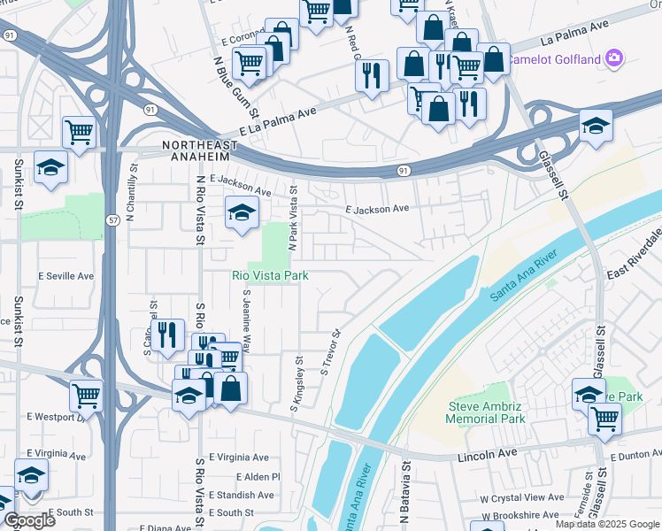 map of restaurants, bars, coffee shops, grocery stores, and more near 2933 East Greenhedge Avenue in Anaheim