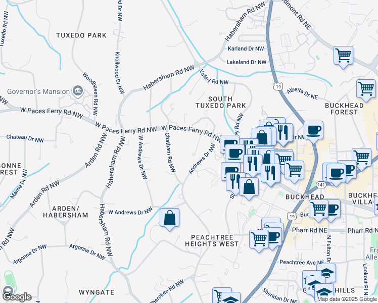 map of restaurants, bars, coffee shops, grocery stores, and more near 3196 Andrews Court Northwest in Atlanta