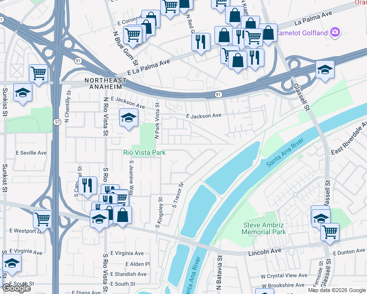 map of restaurants, bars, coffee shops, grocery stores, and more near 2933 East Greenhedge Avenue in Anaheim