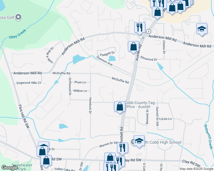 map of restaurants, bars, coffee shops, grocery stores, and more near 2035 McDuffie Road in Austell