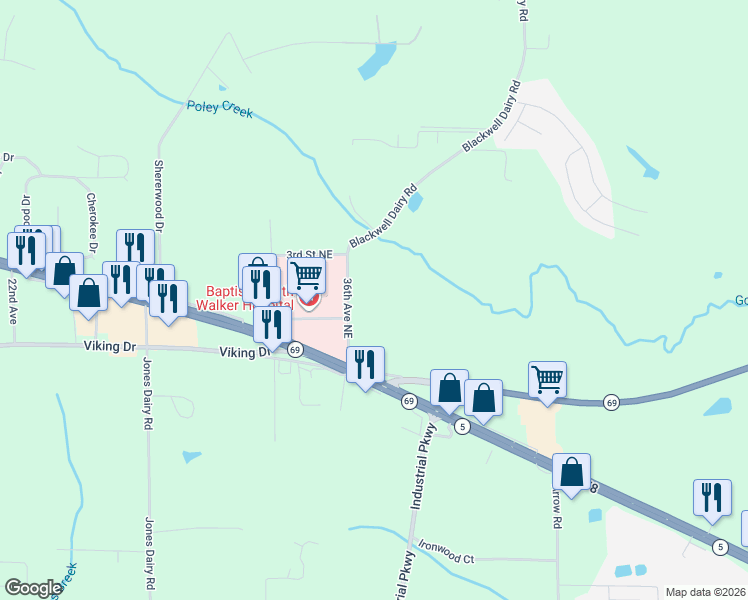 map of restaurants, bars, coffee shops, grocery stores, and more near 109 36th Avenue in Jasper