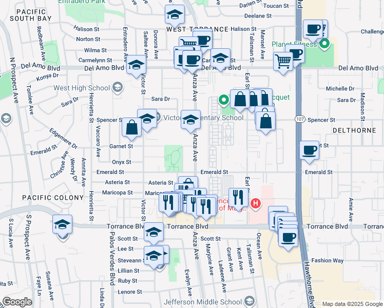 map of restaurants, bars, coffee shops, grocery stores, and more near 20707 Anza Avenue in Torrance
