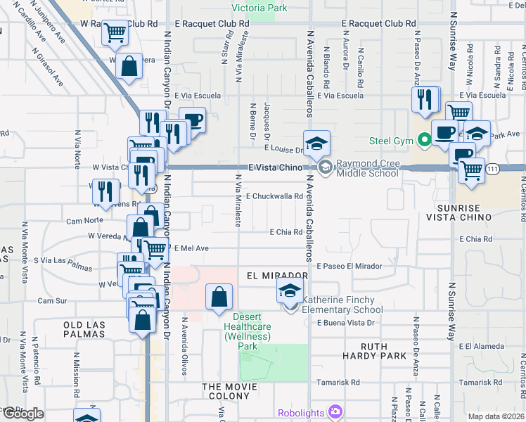 map of restaurants, bars, coffee shops, grocery stores, and more near 1492 North Rodeo Road in Palm Springs